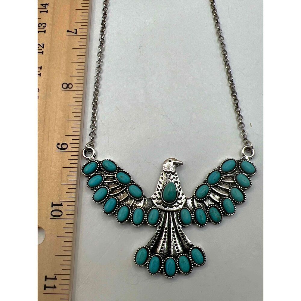NEW Silver Faux Turquoise Phoenix Pendant Chain Necklace - Picture 11 of 11